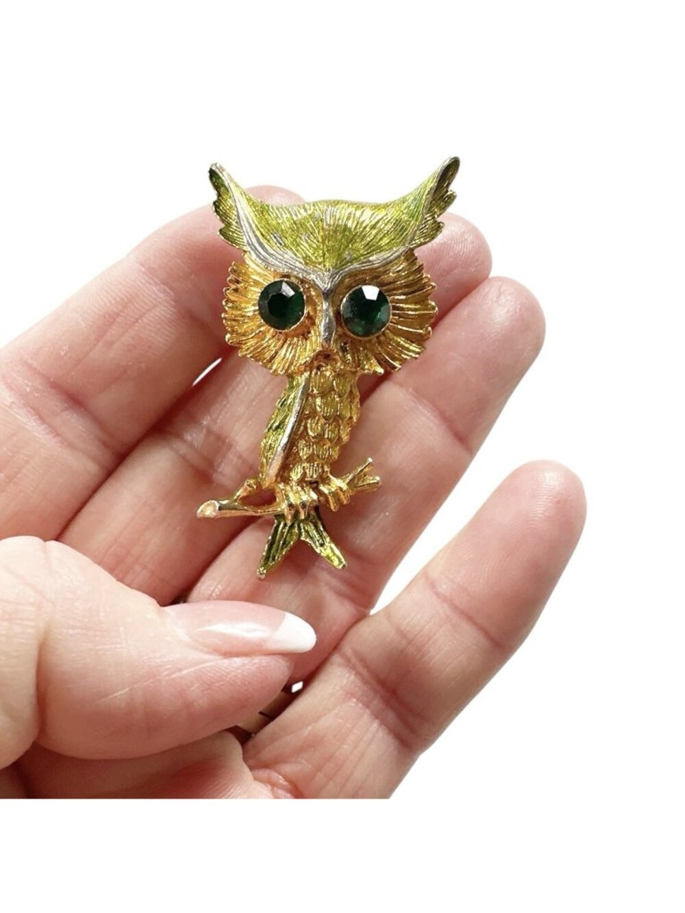 Vintage Owl Brooch Gold Tone Green Rhinestone Eyes Whimsical 3D 2"